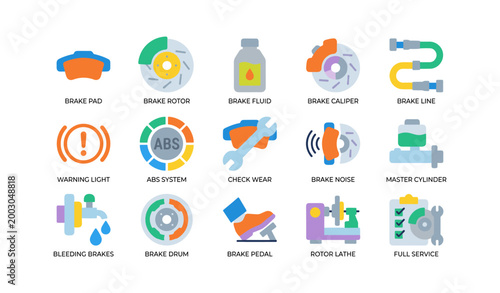 Automotive brake system icons arranged in grid on white background
