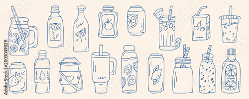 Summer drinks set with fruit juice, lemonade, smoothie, cucumber water, blue outline doodle flat retro style. Hand drawn sketch refreshing beverage collection for cafe design, sticker, on beige