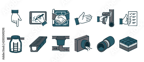 Construction Plumbing Icons Set for Infrastructure and Drainage Systems, Technical Engineering Symbols for Blueprints, Site Inspection, Water Pipe Management, and Maintenance Operations Design Vector