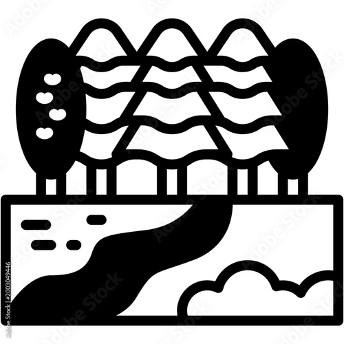 Pine Forest Path near Lake Vector Icon