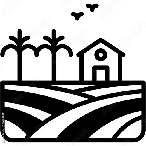 Countryside Field with Farmhouse Vector Icon