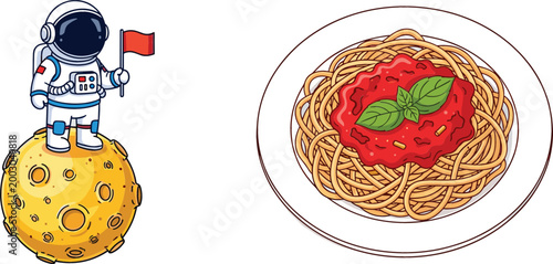 Cartoon astronaut standing on moon with flag and plate of spaghetti pasta, creative space and food illustration for kids design, imagination, and playful concepts