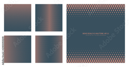 Assorted vector boho scale grid halftone vintage pattern set in square 1:1 aspect ratio including faded border frame and various textures. Varied old fashioned half tone textured design element bundle