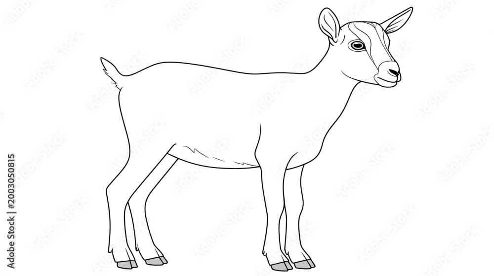 Fototapeta premium Detailed black and white line art illustration of a standing domestic goat, simple farm animal outline drawing for coloring book