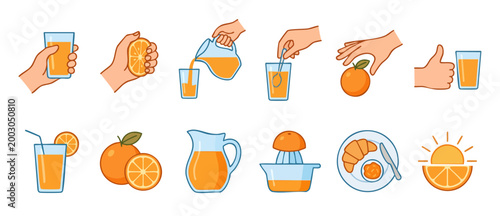 Schilderij op canvas Orange juice set collection, hand holding glass and fruit icons, vector illustration of citrus breakfast preparation, healthy fresh food symbols for menu design, refreshing summer drink concepts pack