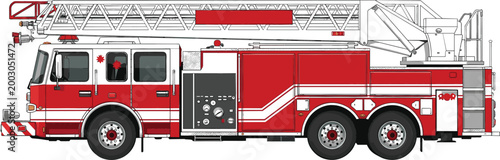 Fire truck with extended ladder detailed illustration, emergency rescue vehicle vector for firefighting services, public safety design, transportation graphics, and municipal equipment concepts