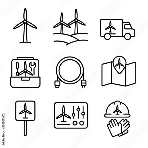 Wind energy icons set: turbines, tools, and transport symbols collection