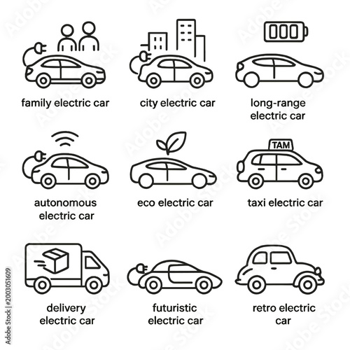 Various types of electric cars - futuristic, autonomous, eco, taxi, retro, and more