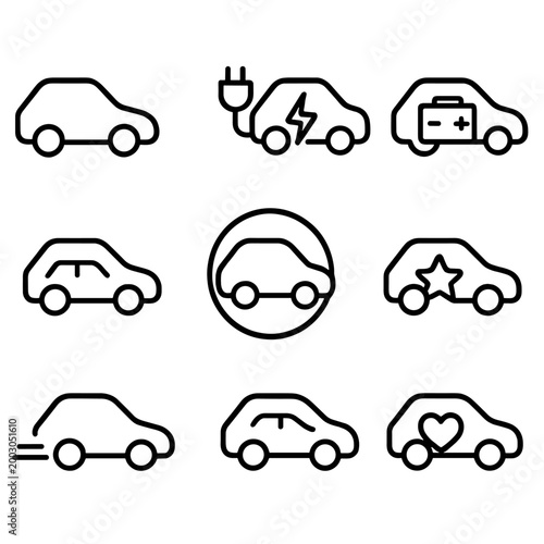 Set of car icons featuring electric, hybrid, and classic designs