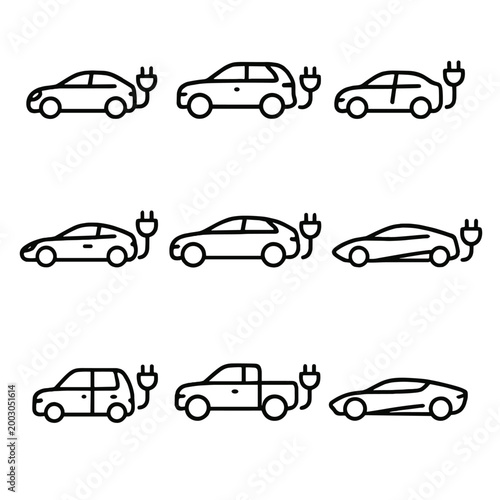 Electric car icons set on gray background: nine plug-in vehicle outlines