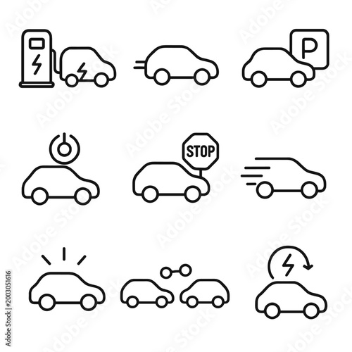 Electric car icons: charging, parking, and speed symbols outlined