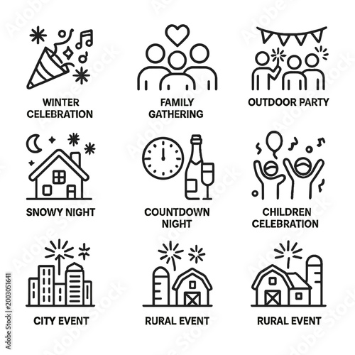 Holiday and seasonal event icons including celebration and gatherings