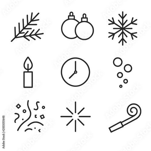 Minimalist holiday icons set with candle, snowflake, ornament, and clock