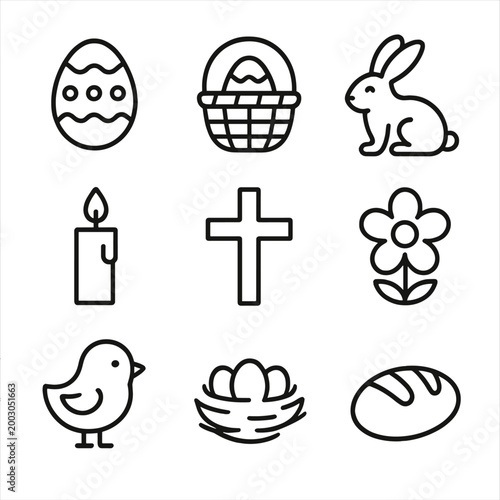 Minimalist easter icons featuring bunny, egg, basket, cross, and flower