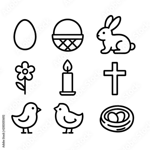 Easter icons set: eggs, bunny, candle, flower, cross, and chicks