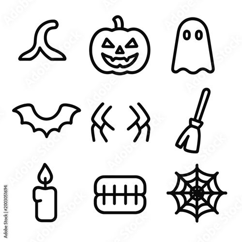 Spooky halloween icon set featuring pumpkin, ghost, bat, and spider web