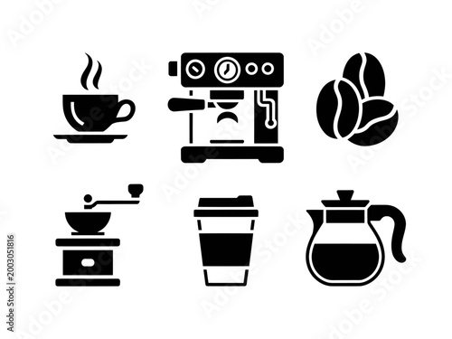 Coffee icons including cup machine beans grinder pot and take away container
