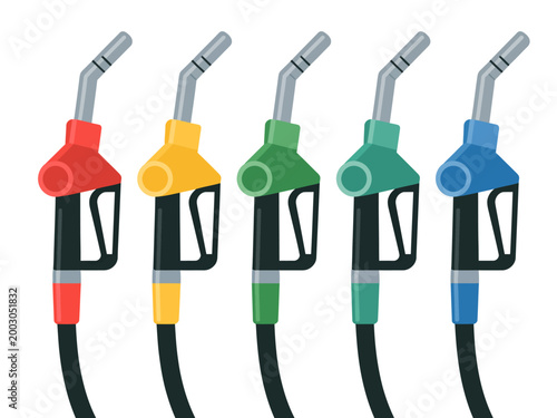 Colorful fuel pump nozzles for different types of gasoline  illustration