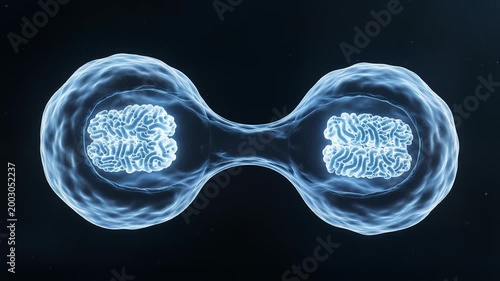 Microscopic cell division process, biological mitosis of glowing blue cells, scientific 3d animation of cellular reproduction and growth