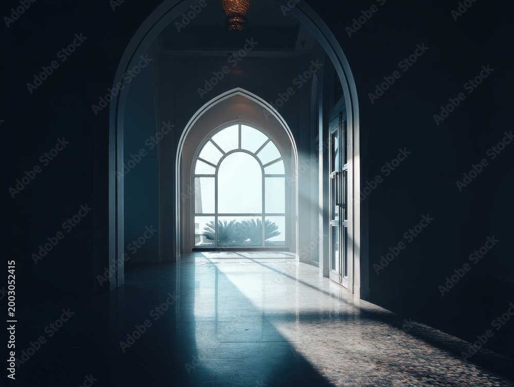 Obraz premium Sunlight streams through arched window. Dark hallway leads to bright, airy space. Floor reflects light with gentle glow. Archways frame depth and mystery. Soft shadows contrast with radiant beams