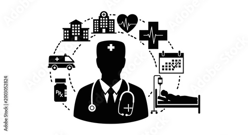 Healthcare silhouette doctor surrounded by medical symbols and facilities