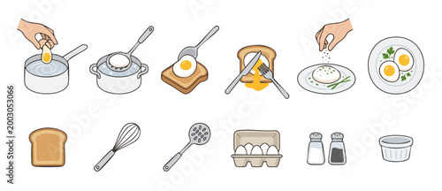 Poached egg cooking steps process infographic vector icon set showing boiling egg, toast breakfast, seasoning, kitchen tools, whisk, and carton box for food preparation culinary tutorial design elemen