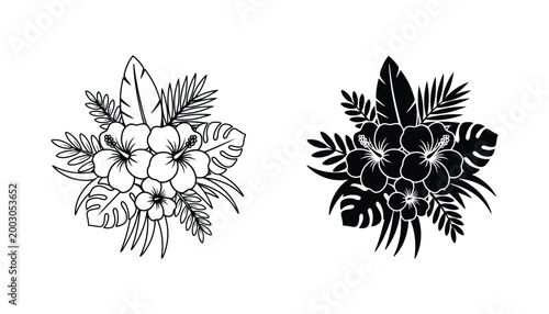 Tropical foliage arrangement with monstera and fern leaves vector graphic