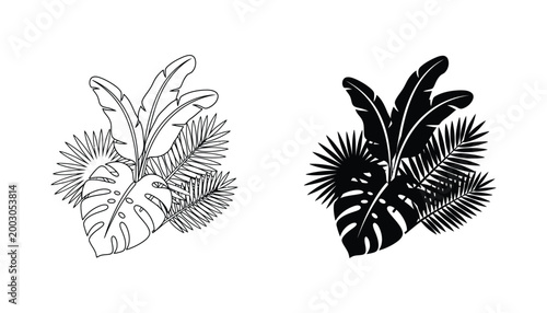 Tropical floral arrangement with hibiscus and palm leaves vector graphic