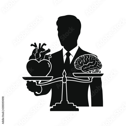 Minimalist black man balancing a heart and a brain on a scale silhouette vector icon