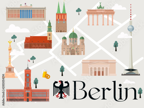 Berlin famous symbol landmark building design tourist poster placards souvenir illustration