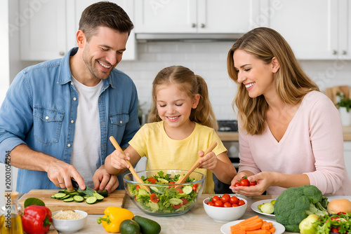Happy family cooking healthy meal together in bright modern kitchen, smiling parents and child, realistic lifestyle stock image