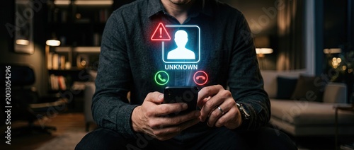 Receiving unknown call notification on smartphone cozy interior setting digital display evening environment close-up viewpoint privacy and security concept