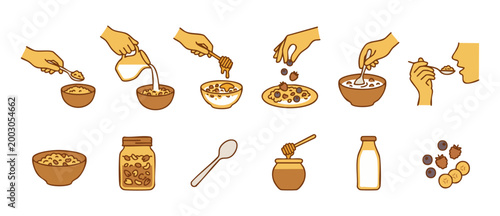 Healthy Oatmeal Breakfast Preparation Steps Icon Set with Hands Pouring Milk and Adding Honey Berries and Nuts into Bowls for Nutritious Morning Meal Routine and Diet Concept Design Elements Vector Il