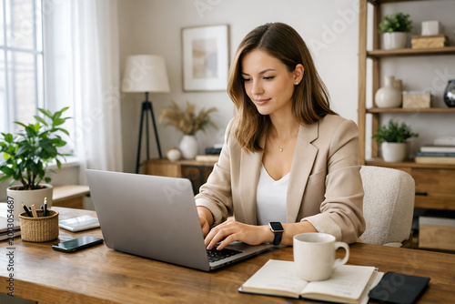 Free Download Young professional woman working on laptop in stylish home office, natural light, productivity, remote work lifestyle, realistic stock photo - GFXLoad