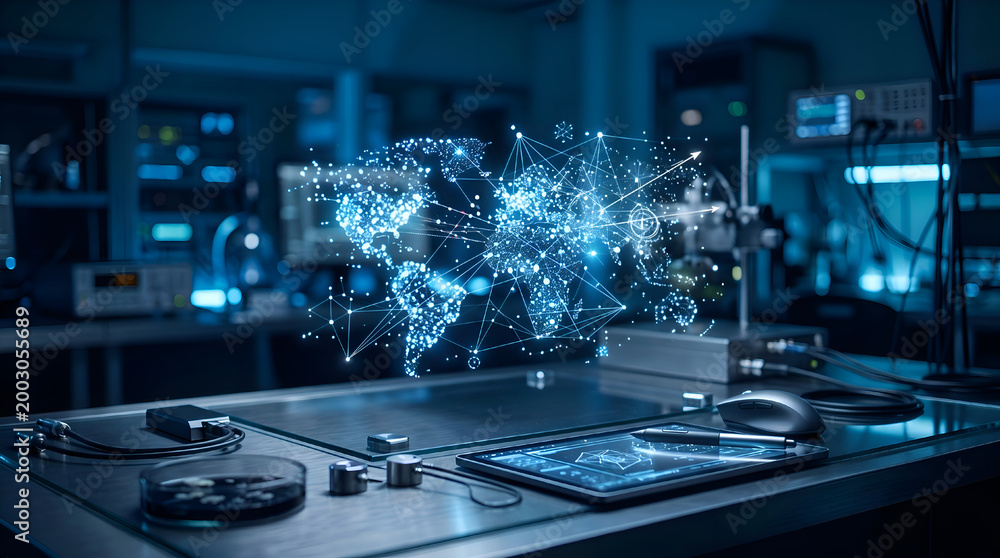 Obraz premium holographic data analysis in futuristic laboratory with blue particle display