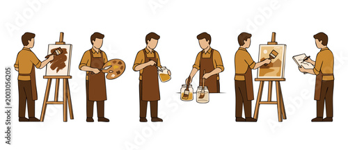 Artist Painting Illustration Set with Easel and Brush, Man in Apron Creating Fine Art on Canvas, Creative Painter Characters in Flat Vector Design for Art Studio Workshop or Creative Process Concept