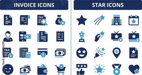 Invoice and star icon set featuring billing documents, tax, mobile payments, accounting, hotel ratings, achievement awards, and social media symbols.