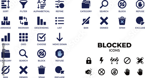 Interface icon set featuring sort, filter, organize, and blocked symbols like ban, refuse, denied, spam, and security stop signs, blue vector.