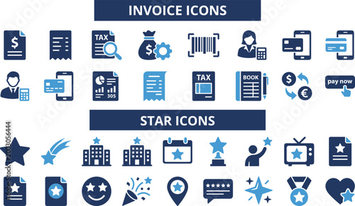 Invoice and star icon set featuring billing documents, tax, mobile payment, accounting, hotel ratings, achievement awards, and social media symbols.