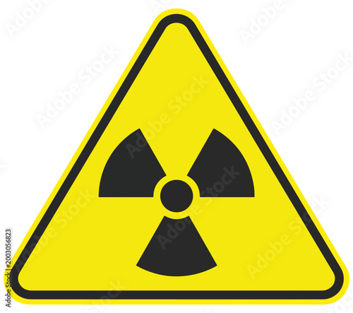 Yellow triangle radiation hazard symbol with black border and black trefoil