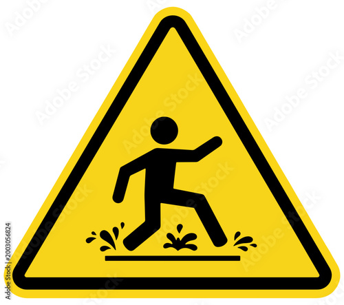 Yellow triangular warning sign with slipping person symbol