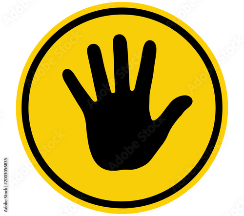 Yellow circle with black hand symbol inside stop