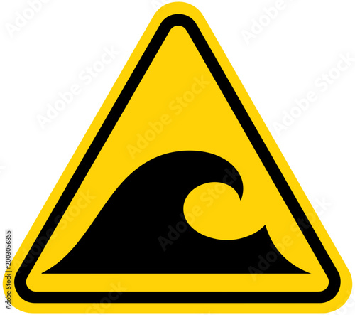 Yellow triangular warning sign with black wave symbol 1