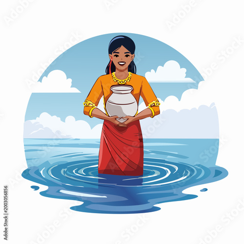 Woman collecting water from a river with a pot