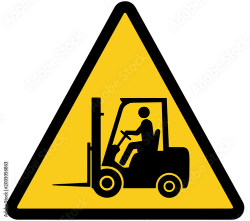 Yellow triangular warning sign with forklift and operator