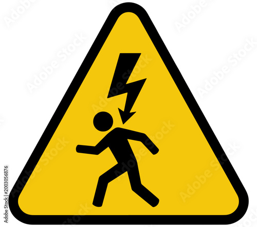 Yellow triangular warning sign with person and lightning symbol