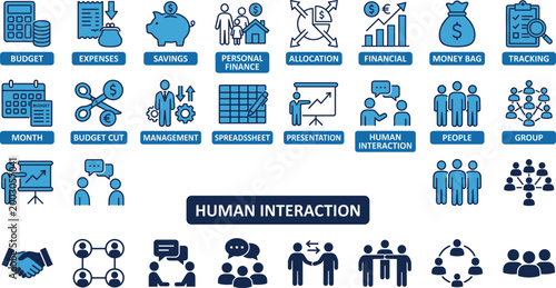 Business and finance icon set featuring budget, expenses, savings, personal finance, management, human interaction, team collaboration, and financial tracking symbols.
