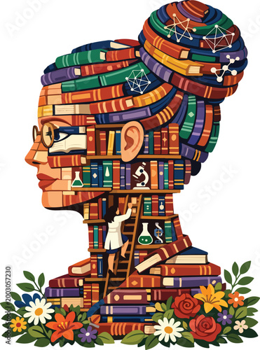 Scientific Knowledge Woman Profile with Bookshelves and Research Concept Illustration