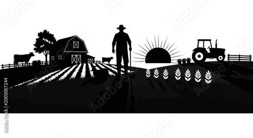 Rural silhouette a farmer stands proudly amidst his farm and livestock