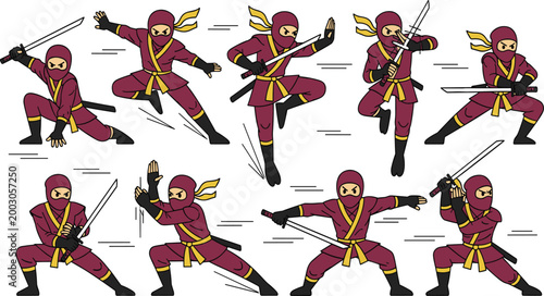 Ninja Warrior Action Poses Vector Set Featuring Martial Arts Fighters with Swords Dynamic Combat Movements and Stealth Characters for Game and Animation Design.